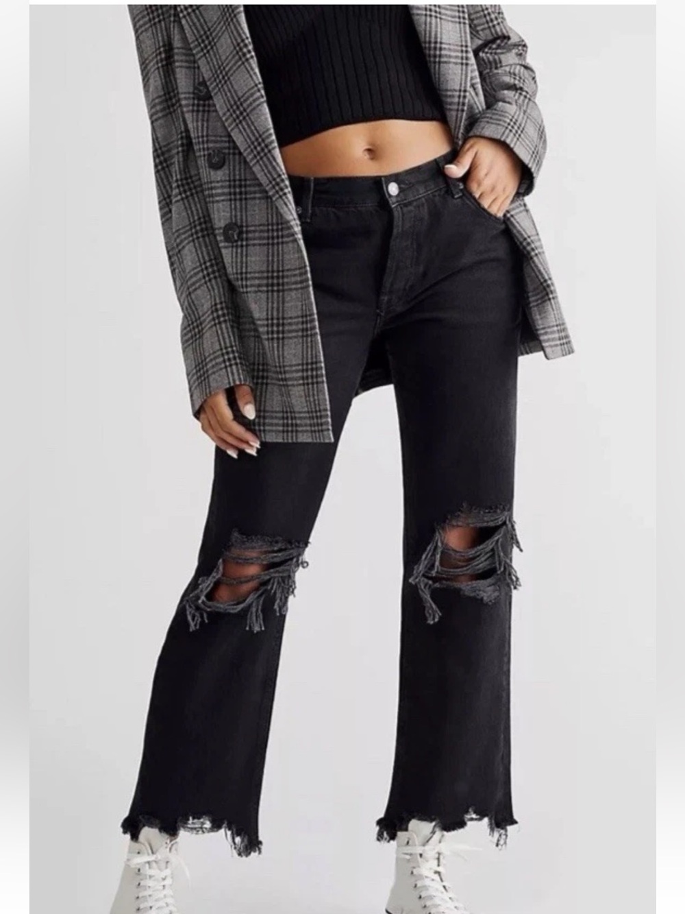We The Free People Distressed Straight Leg Jeans Black Button Fly Size 27